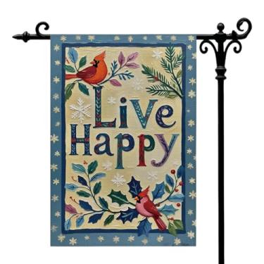 Imagem de Live Happy Winter Garden Flag For Outside Red Bird Berry Winter Yard Bandeira decorativa dupla face sazonal casa de fazenda natal decoração ao ar livre 30,5 x 45,7 cm (A765)