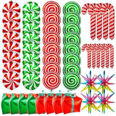Imagem de 76 balões de Natal, balão grande vermelho verde doce bengala mylar para decorações de festa