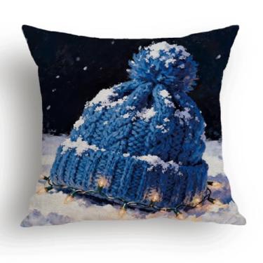 Imagem de Capa de almofada de inverno, capa de almofada de gorro de malha azul, presentes de Natal, fronha de inverno para sofá cama, capa de almofada sazonal de casa de fazenda, decoração de casa 46 x 46