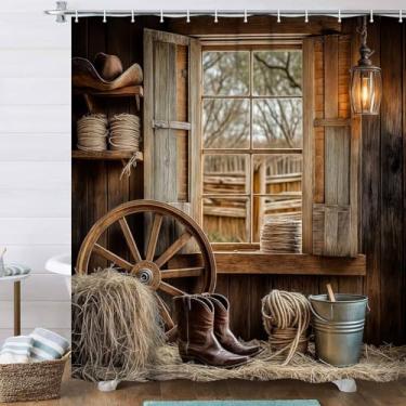 Imagem de Ptrxobj Farmhouse Barn Door Western Cowboy Cortina de Chuveiro Southwest Country Ranch Marrom Decoração de Banheiro Lâmpada Óleo Roda de Madeira Chapéu Botas Cortina de Janela Tecido Resistente à Água