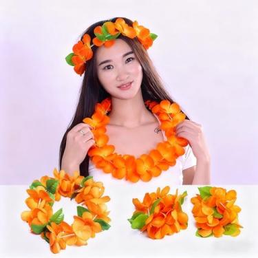Imagem de Conjunto de 4 peças de flores falsas havaianas, faixa de cabeça e pulseira de guirlanda de flores tropicais para festa de Luau, lembrancinhas temáticas de praia, acessórios de decoração de fantasia