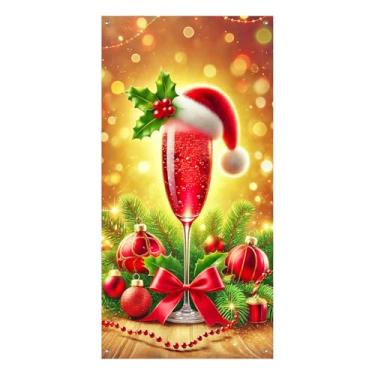 Imagem de BlissYard Capa de porta de guirlanda de vidro para coquetel Merry Christmas, faixa decorativa de feriado de 89 x 188 cm com laços vermelhos de azevinho e enfeites de Natal para decoração de inverno