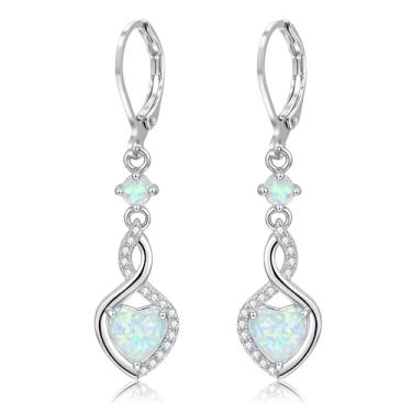 Imagem de CiNily Brincos pendentes de opala para mulheres, adolescentes, ouro branco 14 quilates | Anéis de orelha banhados a ouro com pingente de coração de zircão cúbico com fecho de alavanca, joia de opala