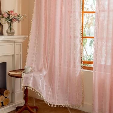 Imagem de Cortinas boho rosa transparente 213 cm de comprimento, 2 painéis para sala de estar, quarto, fazenda, menina, boêmia, bege, borlas, cortinas de filtragem de luz country bordadas chiques desgastadas