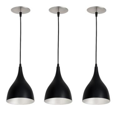 Imagem de Kit 3 Pendentes Gota Alumínio - Luminária Lustre para Balcão Cozinha Americana, Sala Jantar (Cabo Ajustável 1m) Soquete E27 (Preto/Aluminio)