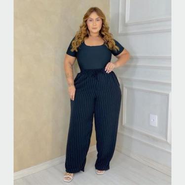 Imagem de Calça Pantalona Feminina Plus Size Crepe Duna Listras Laterais Esporti