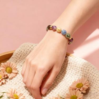 Imagem de 1 pulseira de pedra preciosa semipreciosa, olho de tigre e contas redondas elásticas, para roupas, vestido de festa (17,4 cm), One Size, Vidro, Sem Pedra Preciosa