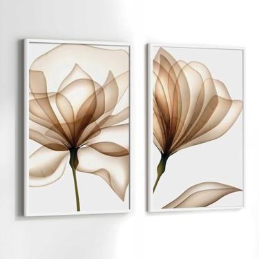 Imagem de Quadros Decorativos com Moldura Flor de Lotus Clean Neutro Marrom Sala Quarto Kit Conjunto 2