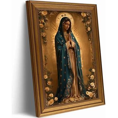 Imagem de Arte de parede vintage emoldurada em ouro Virgem Maria Senhora de Guadalupe Retrato Impressão em tela Mãe Abençoada Imagem Católica Crenças Religiosas Pôster Arte para Sala de Estar Igreja Sala de