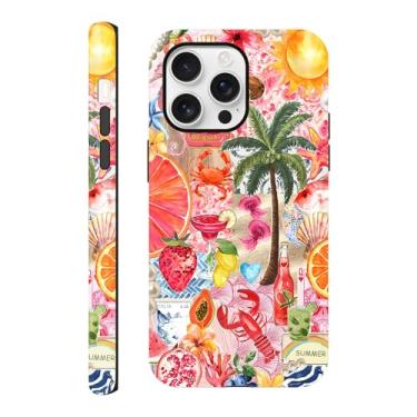 Imagem de Capa compatível com iPhone 16 Pro, colagem de praia de verão frutas e frutos do mar, capa de telefone de arte estética, capa rígida híbrida resistente a arranhões de 2 camadas para meninas mulheres