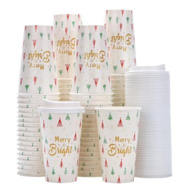 Imagem de Tamone Pacote com 100 xícaras de Natal de 473 ml com tampas à prova de vazamento, design de árvore de Natal verde e vermelha para café frio/quente, bebida, chocolate, cacau para escritório em casa