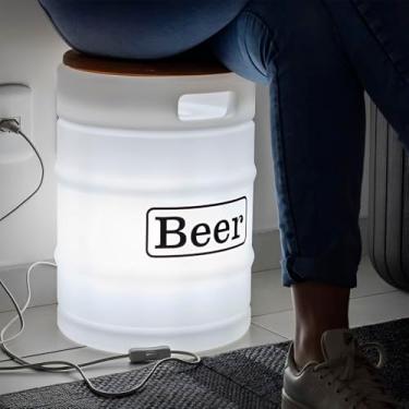 Imagem de Banco Iluminado Estilo Barril Beer Barrel – Branco com Tampa em Madeira e Luz LED Bivolt