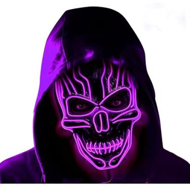 Imagem de SHANJIA Máscara de Halloween, máscara iluminada, crânio assustador com iluminação LED para festival de Halloween, cosplay, baile de máscaras, festa de carnaval (roxa)
