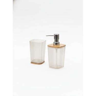 Imagem de Kit para Banheiro Moderno com Dispenser e Porta Escova de Dente, Bambu e Plástico 2 Peças Design Minimalista