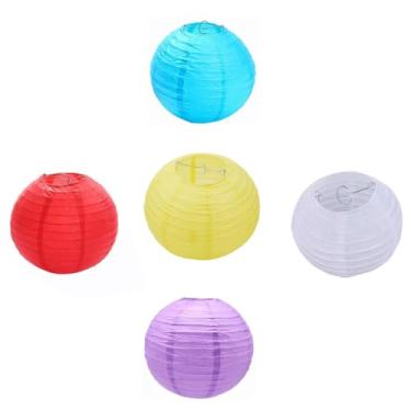 Imagem de Lanternas de papel coloridas de 20 cm decorativas chinesas/japonesas penduradas em papel redondo, moldura de metal para decoração de casa, festa de aniversário, decoração de festival (5 cores)