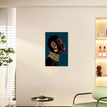 Imagem de 1 peça de arte de parede minimalista de perfil feminino - Silhueta preta com lábios vermelhos e brincos ousados, impressão de fundo azul moderna, 20 x 30 cm, sem moldura