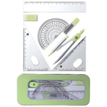 Imagem de YYYEYUAN Régua de desenho, conjunto de ferramentas de geometria escolar de 7 peças para estudantes, incluindo ferramenta de geometria de metal, conjunto quadrado, borracha, transferidor, estojo de