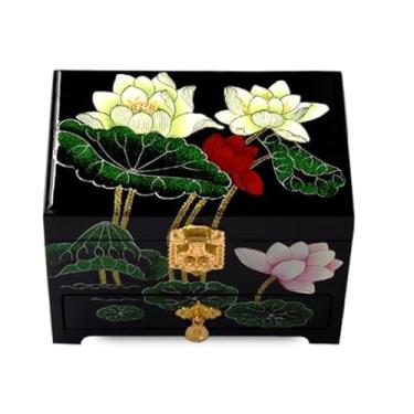 Imagem de Only My Live Home Caixa de joias pintada à mão com trava de gavetas, espelho, armazenamento de joias de madeira estilo chinês de 3 camadas com antiguidade, presente de casamento (preto (lótus), C 21 x