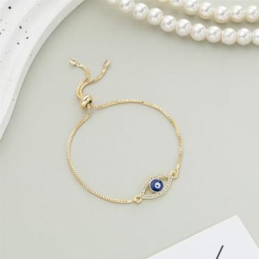 Imagem de Pulseira feminina com olho turco delicada, banhada a ouro branco 14 K, zircão, pingente de olho turco, joia minimalista ajustável, Medium, Metal, Sem Pedra Preciosa
