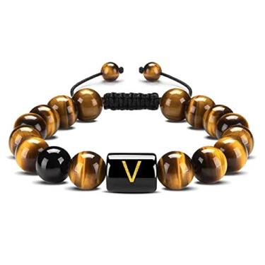 Imagem de Guz Pulseira com iniciais A-Z 10 mm Natural Preto Ônix Olho de Tigre Pulseira de Corda Trançada para Homens Pulseira de Letra, Ágata