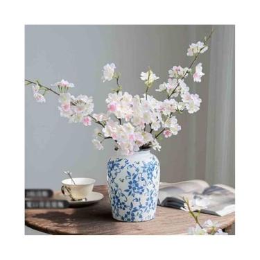 Imagem de Flores artificiais Com vaso simulação flor de cerejeira sala estar flores falsas ornamentos decorativos interior celadon porcelana