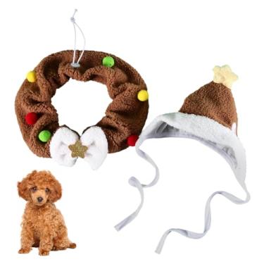 Imagem de Roupa de Natal para gatos, 2 peças de chapéu de Papai Noel ajustável para animais de estimação com lenço de guirlanda para cães pequenos, gatos, artigos de festa de Natal