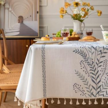 Imagem de Toalha de mesa floral para mesas retangulares toalha de mesa rústica de tecido de fazenda, bordada, pesada, com borlas, sem rugas, lavável para decoração de cozinha, festa, azul, 140 x 180 cm