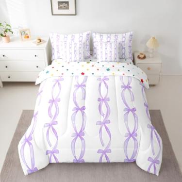 Imagem de jejeloiu Conjunto de edredom com laço roxo para meninas, 7 peças, solteiro, com estampa de laço, para crianças, adolescentes e adolescentes, decoração de quarto, microfibra leve e macia