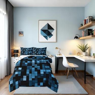Imagem de Jogo de cama infantil Pixelated Blocks, tamanho Queen, conjunto de edredom quadrado de videogame, edredom de patchwork geométrico, enchimento de edredom azul, 2 fronhas