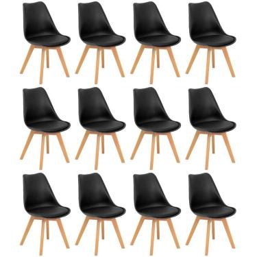 Imagem de Conjunto 12 Cadeiras De Jantar Eames Wood Leda Design Estofada - Preto