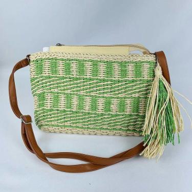 Imagem de Bolsa De Palha Artesanal Feminina Tiracolo Com Alça Transversal Moda Praia Verão Com Pom Pom verde