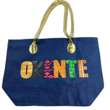 Imagem de Bolsa De Praia Palha Feminina Com Zíper De Ombro Oxente Sacola Ecobag Tote Juta Com Alça Dourada azul