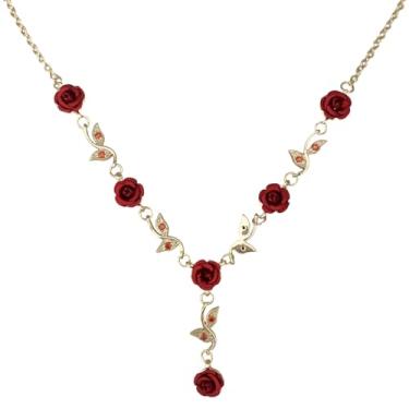 Imagem de Colar floral dourado com detalhes de rosa vermelha e folha, corrente ajustável de cobre e alumínio, caixa pronta para presente para mulheres