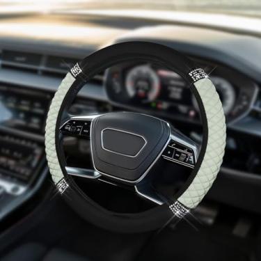 Imagem de HQRNYP Capa de volante de couro macio brilhante, protetor de volante, 38 cm colorido strass elástico, acessórios de carro de couro diamante antiderrapante para mulheres e meninas (branco)