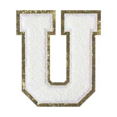 Imagem de 1 PÇ Patch de letra de chenille de ferro branco de 11,4 cm com borda dourada – Remendos do alfabeto para roupas, jaquetas, mochilas, chapéus para decoração personalizada, nome personalizado e