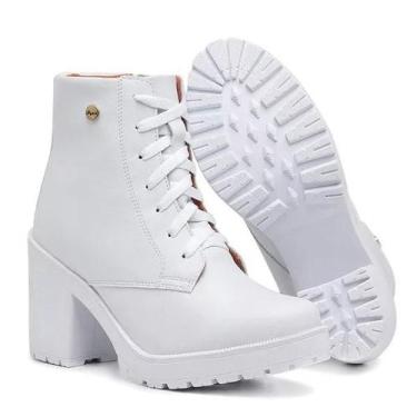 Imagem de Bota Feminina Coturno Tratorado Salto Médio Grosso Zíper Branco - Hype