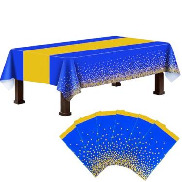 Imagem de Toalha de mesa de plástico descartável, pacote com 6 toalhas de mesa de plástico azul e dourado, retangular, para Natal, aniversário, chá de bebê, formatura, decoração de festa de aniversário, 137 x