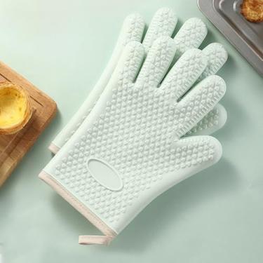Imagem de 2 luvas de forno de silicone resistentes ao calor – Luvas de grelha de camada dupla com 5 dedos, luvas de forno de cozinha impermeáveis e antiderrapantes para cozinhar, assar, churrasco (verde)