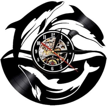Imagem de Relógio de parede disco de vinil 30,5 cm - entalhe de golfinho 3D em LP retrô, mecanismo de engrenagem exposta, movimento de quartzo silencioso, presente exclusivo para amantes de música e oceano