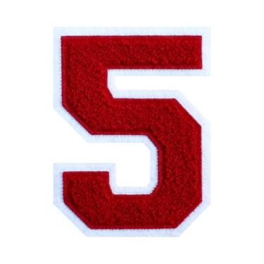 Imagem de 1 peça de patch de número de chenille vermelho de 11,4 cm com borda branca – Remendos do alfabeto para roupas, jaquetas, mochilas, chapéus para decoração personalizada, nome personalizado e artesanato