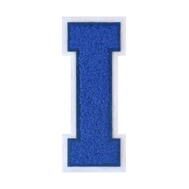 Imagem de 1 peça de patch de letra de chenille azul de 11,4 cm com borda branca – Remendos do alfabeto para roupas, jaquetas, mochilas, chapéus para decoração personalizada, nome personalizado e artesanato. (I)