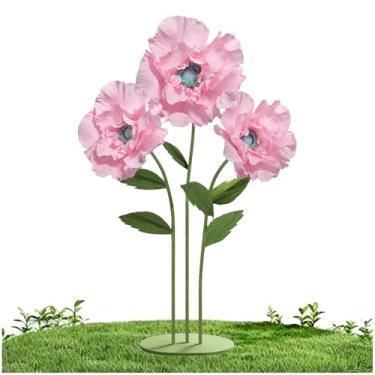 Imagem de Mverse Flor gigante com base de ferro resistente, hastes de tubo de alumínio | Decorações grandes de flores de papel de papoula artificial para casamento ao ar livre, festa, decoração de casa (rosa