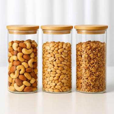 Imagem de Kit com 3 Potes de Vidro 1L com Tampa de Bambu Hermética para Cozinha