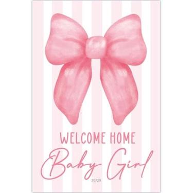 Imagem de Bandeira dupla face Welcome Home Baby Girl Garden - Faixa de jardim com laço rosa de 30 x 45 cm para decoração ao ar livre, revelação de gênero, anúncio de chá de bebê e recém-nascido