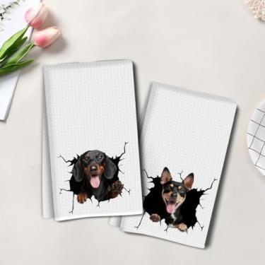 Imagem de 2 peças de toalhas de cozinha artísticas engraçadas para cães, toalha de mão de chá super absorvente, panos de prato de microfibra para secar pratos, toalhas de prato waffle para cozinha, banheiro