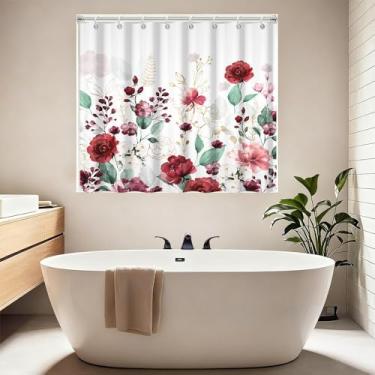 Imagem de Leyiyi Cortina de janela de banheiro à prova d'água floral vermelha rosa, folhas de eucalipto aquarela, cortinas curtas para janela de chuveiro, tecido impermeável, pequena cortina para janelas de
