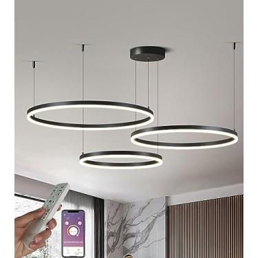 Imagem de Luminária pendente LED para sala de estar, com anel preto, dimerizável, para quarto e sala de jantar, com controle remoto. Lustre redondo em acrílico com 3 voltas, Ø40+60+80cm - 80W.