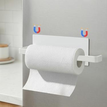 Imagem de Suporte magnético para toalha de papel para geladeira, suporte de papel de metal forte para cozinha, geladeira e forno, suporte magnético sem perfuração, suporte de lenços para rolos e toalhas, branco