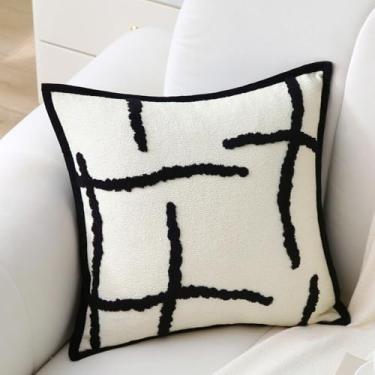 Imagem de WHATWEARS Almofadas decorativas Boho com inserções, 45,72 cm x 45,72 cm Almofada de chenille moderna com tufos macios, linhas pretas para casa, pátio, sofá, quarto, sala de estar