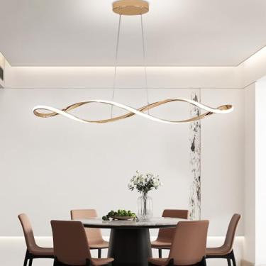 Imagem de Luminária pendente espiral de LED para cozinha, modelo linear, com controle remoto, temperatura de cor de 3000-6500K, brilho regulável e altura ajustável até 100cm. Lustre para sala de janta